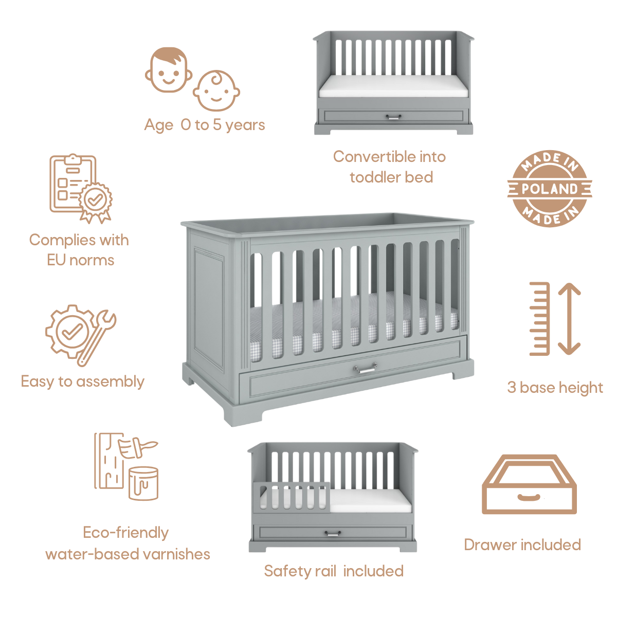 Ines neutralgraues Babybett 70x140 mit Umbaumöglichkeit zum Tagesbett