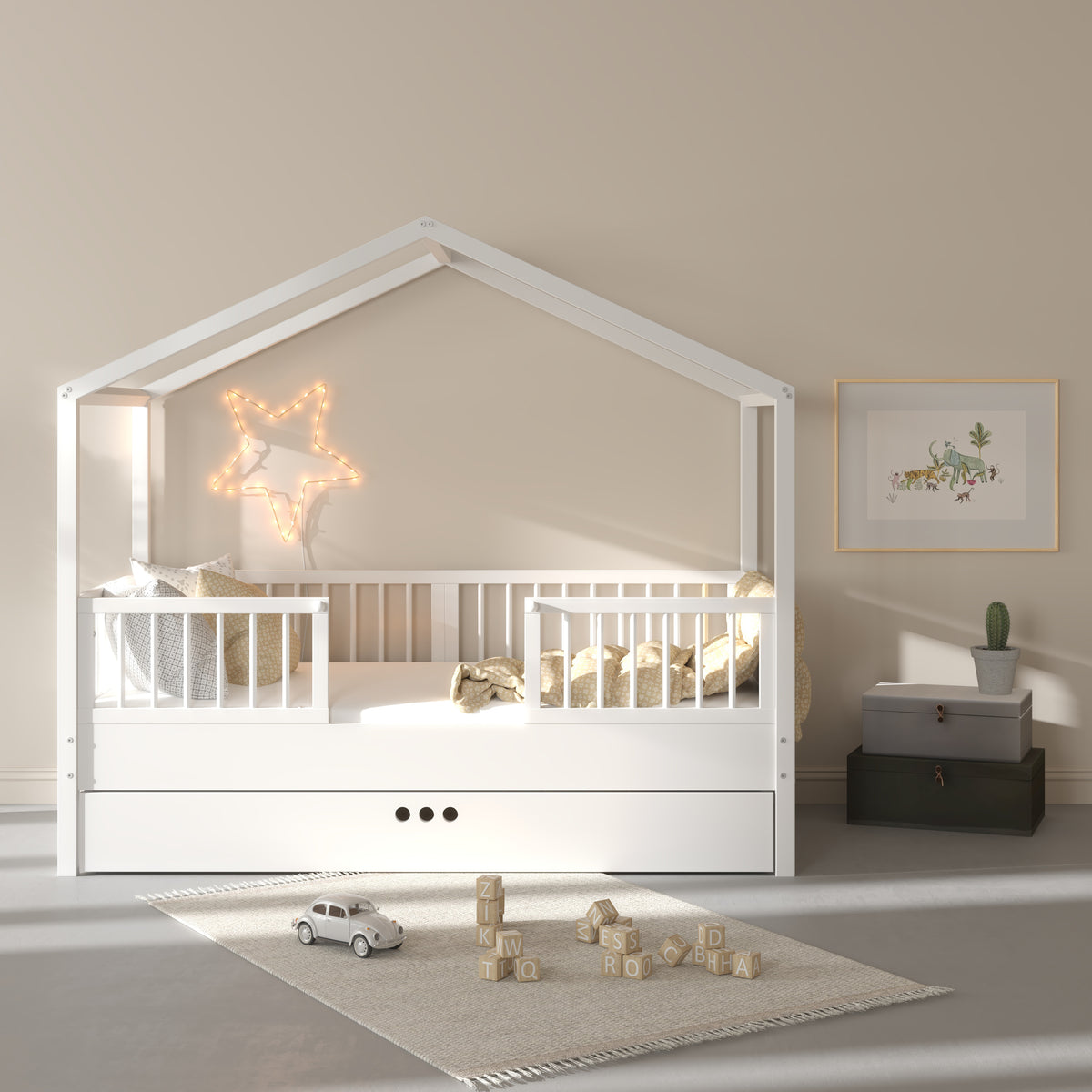 Zestaw Dream Nest snow łóżko domek 80x160 z barierkami i szufladą