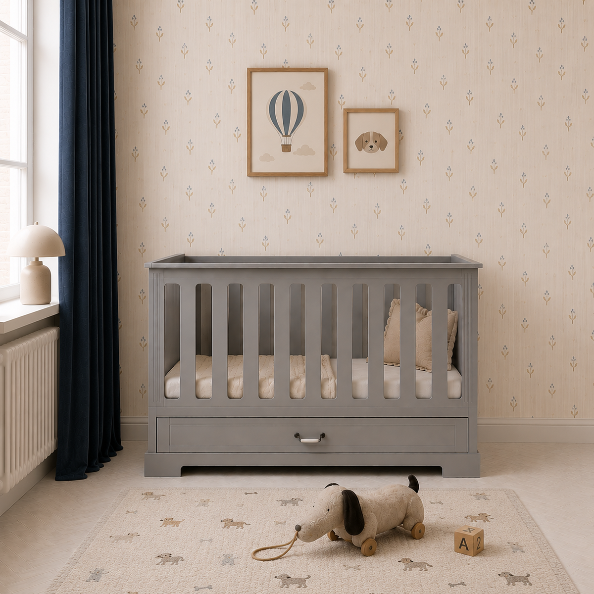 Ines neutralgraues Babybett 70x140 mit Umbaumöglichkeit zum Tagesbett