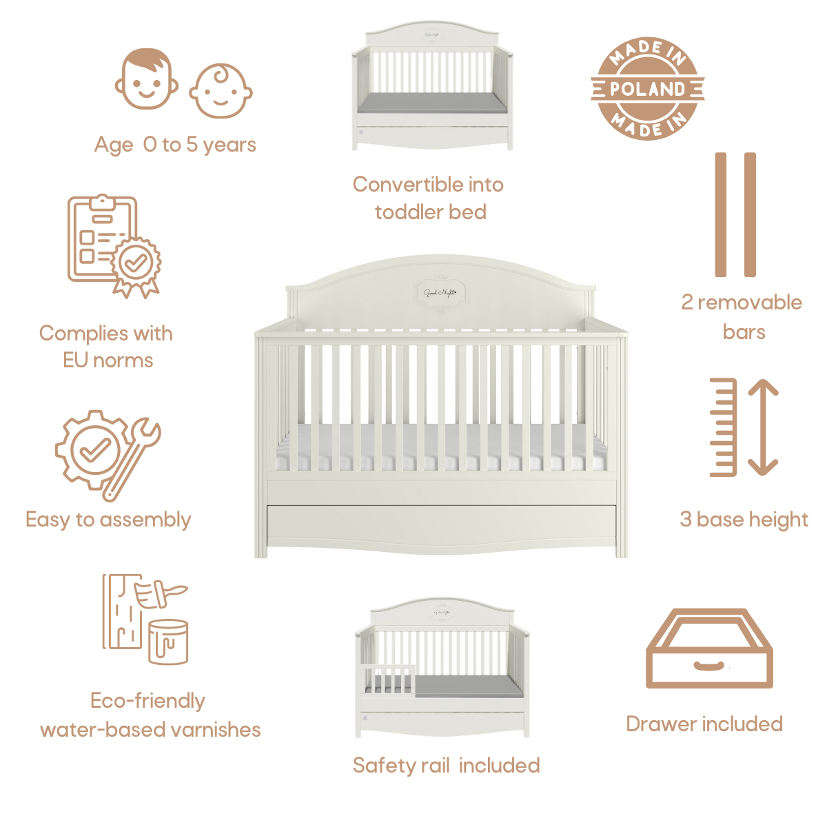 Good Night elegantes weißes Babybett 70x140