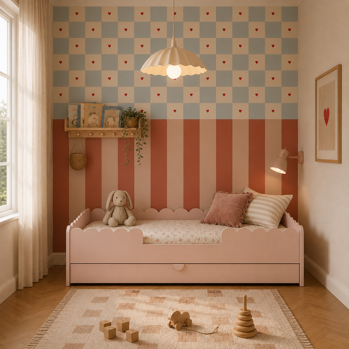Book Nook vintage rose łożko dziecięce  w stylu Monetssori 80x160 z szufladą