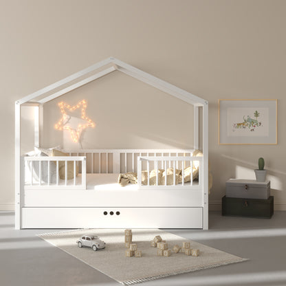 Zestaw Dream Nest snow łóżko domek 80x160 z barierkami i szufladą