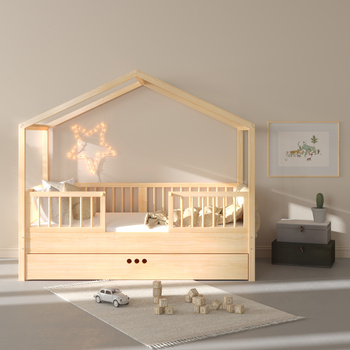 Dream nest pine house bed 80x160 along with two safety rails and a drawer