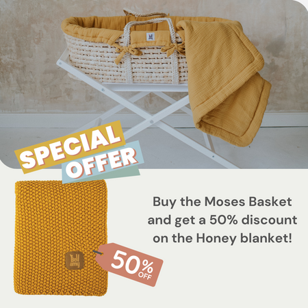 Set: Moses Basket Meeko with mattress+stand+textiles Honey + Cotton rice weave child's blanket
