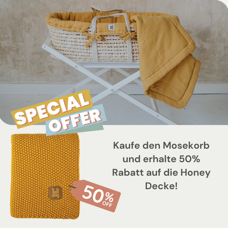 Set: Meeko Moses Korb mit Matratze + Ständer + Honey Textilien Baumwolldecke mit Reisbindung