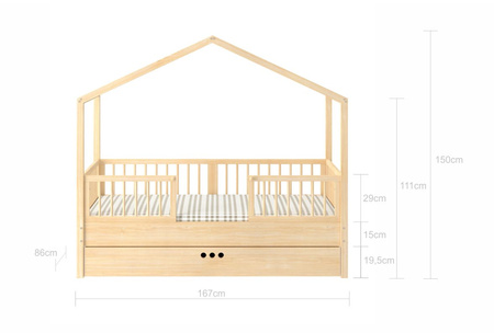 Dream nest pine house bed 80x160 along with two safety rails and a drawer