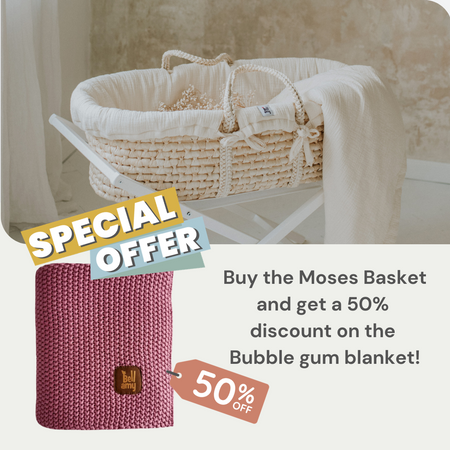 Set: Meeko Moses Korb mit Matratze + Ständer + Milk Textilien + Baumwolldecke mit Reisbindung