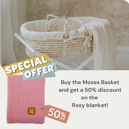 Set: Meeko Moses Korb mit Matratze + Ständer + Milk Textilien + Baumwolldecke mit Reisbindung