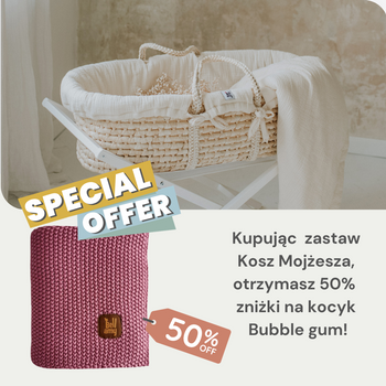 Zestaw: kosz Mojżesza Meeko z materacem + stojak + tekstylia Milk + Bawełniany ryżowy kocyk