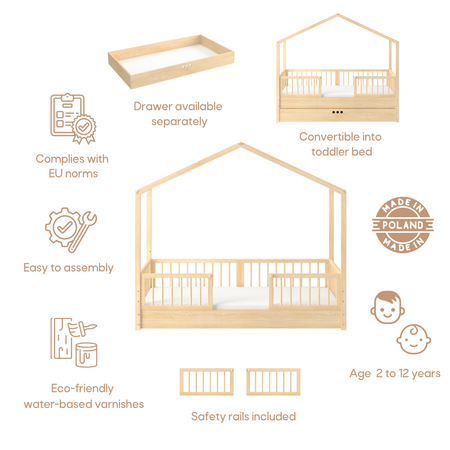 Dream Nest pine house bed 80x160 with railings