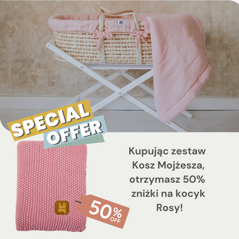Zestaw: kosz Mojżesza Meeko z materacem + stojak + tekstylia Candy + Bawełniany ryżowy kocyk