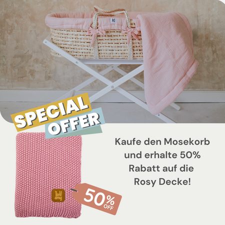 Set: Meeko Moses Korb mit Matratze + Ständer + Candy Textilien + Baumwolldecke mit Reisbindung