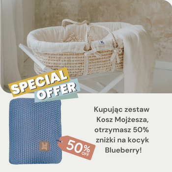 Zestaw: kosz Mojżesza Meeko z materacem + stojak + tekstylia Milk + Bawełniany ryżowy  kocyk