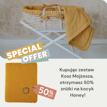 Zestaw: kosz Mojżesza Meeko z materacem + stojak + tekstylia Honey Bawełniany ryżowy kocyk 