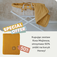 Zestaw: kosz Mojżesza Meeko z materacem + stojak + tekstylia Honey Bawełniany ryżowy kocyk 